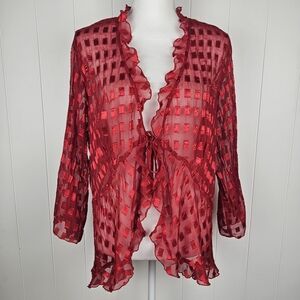 Vintage Y2k Sheer Blouse Ruffle Tie Front Romantic Vamp Cherry Red 3/4 Sleeve 1x